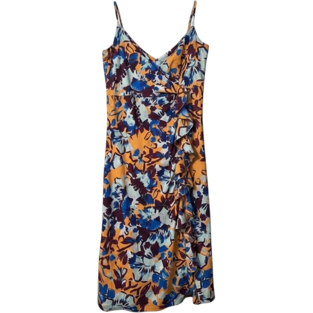 Prabal Gurung Collective Dress‎ 14 Yellow Blue Floral Ruffle Midi Sophisticated